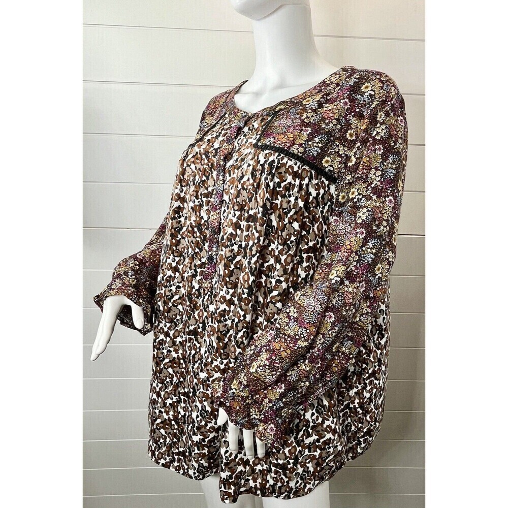 Intro Top Womens Poet Sleeve Ditsy Floral Leopard Mixed Media 2X Fairy Grunge